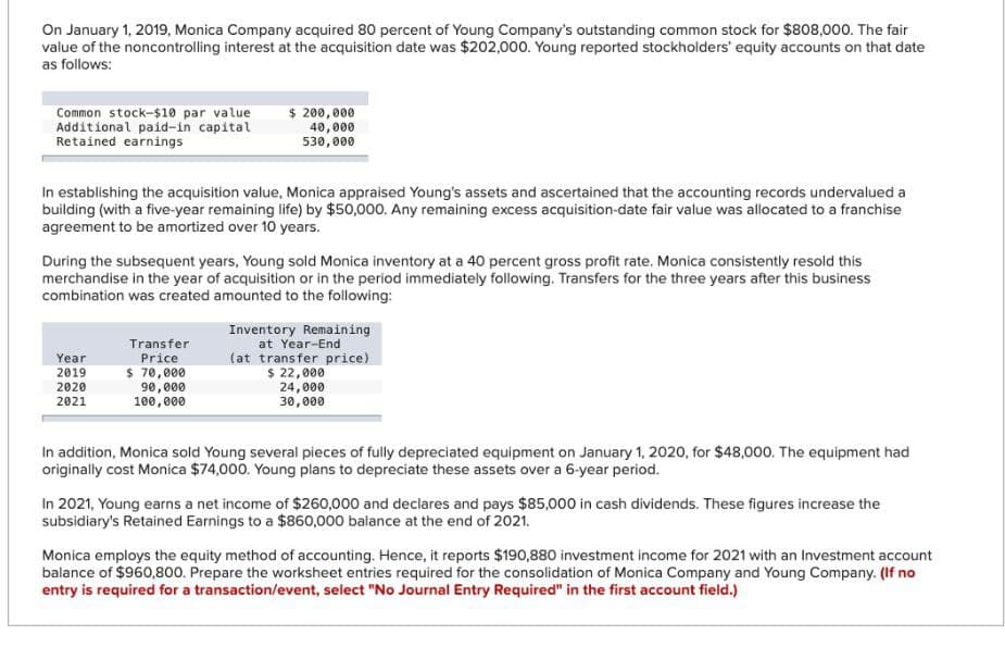 On January 1, 2019, Monica Company acquired 80 percent of Young Company's outstanding common stock for $808,000. The fair
value of the noncontrolling interest at the acquisition date was $202,000. Young reported stockholders' equity accounts on that date
as follows:
Common stock-$10 par value
Additional paid-in capital
Retained earnings
$ 200,000
40,000
530,000
In establishing the acquisition value, Monica appraised Young's assets and ascertained that the accounting records undervalued a
building (with a five-year remaining life) by $50,000. Any remaining excess acquisition-date fair value was allocated to a franchise
agreement to be amortized over 10 years.
During the subsequent years, Young sold Monica inventory at a 40 percent gross profit rate. Monica consistently resold this
merchandise in the year of acquisition or in the period immediately following. Transfers for the three years after this business
combination was created amounted to the following:
Transfer
Price
Year
2019
$ 70,000
2020
2021
90,000
100,000
Inventory Remaining
at Year-End
(at transfer price)
$ 22,000
24,000
30,000
In addition, Monica sold Young several pieces of fully depreciated equipment on January 1, 2020, for $48,000. The equipment had
originally cost Monica $74,000. Young plans to depreciate these assets over a 6-year period.
In 2021, Young earns a net income of $260,000 and declares and pays $85,000 in cash dividends. These figures increase the
subsidiary's Retained Earnings to a $860,000 balance at the end of 2021.
Monica employs the equity method of accounting. Hence, it reports $190,880 investment income for 2021 with an Investment account
balance of $960,800. Prepare the worksheet entries required for the consolidation of Monica Company and Young Company. (If no
entry is required for a transaction/event, select "No Journal Entry Required" in the first account field.)