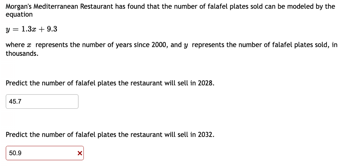 Morgan's Mediterranean Restaurant has found that the number of falafel plates sold can be modeled by the
equation
Y
= 1.3x + 9.3
where a represents the number of years since 2000, and y represents the number of falafel plates sold, in
thousands.
Predict the number of falafel plates the restaurant will sell in 2028.
45.7
Predict the number of falafel plates the restaurant will sell in 2032.
50.9
X