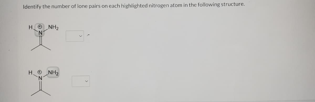 ### Identifying the Number of Lone Pairs on Nitrogen Atoms

In this exercise, we will determine the number of lone pairs on each highlighted nitrogen atom in the given molecular structures.

**Instructions:**
For each molecular structure provided below, identify and select the number of lone pairs present on the highlighted nitrogen atom.

#### Structure 1
- **Molecular Formula:** 
  The highlighted nitrogen atom is bonded to two hydrogen atoms (H) and another nitrogen atom (N) with an attached hydrogen atom (NH2).

- **Diagrams:**
  - **Lone Pair Selection Box:** Adjacent to the structure, there is a dropdown box where you can select the number of lone pairs on the highlighted nitrogen atom.

#### Structure 2
- **Molecular Formula:** 
  The highlighted nitrogen atom is bonded to one hydrogen atom (H), a carbon chain (not shown in detail but implied by the skeletal line structure), and another nitrogen atom (NH2).

- **Diagrams:**
  - **Lone Pair Selection Box:** Adjacent to the structure, there is a dropdown box where you can select the number of lone pairs on the highlighted nitrogen atom.

Both structures have a shaded area around the nitrogen atom in question to indicate that this is the atom for which you need to identify the lone pairs.

**Note:** 
- A lone pair refers to a pair of valence electrons that are not shared with another atom and are sometimes represented as dots in a Lewis structure.
- Ensure you select the correct number of lone pairs by considering the bonding and electron distribution around the nitrogen atoms as per the Valence Shell Electron Pair Repulsion (VSEPR) theory.

Select the proper number from the dropdown to complete the identification process for each highlighted nitrogen atom.