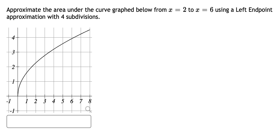 Approximate the area under the curve graphed below from x = 2 to x = 6 using a Left Endpoint
approximation with 4 subdivisions.
4
3
2
1
-1
+-1
1 2
3
4 5 6
7 8