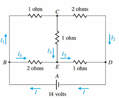 1 ohm
2 ohms
1 ohm
I4
I5
B
2 ohms
1 ohm
A
14 volts
