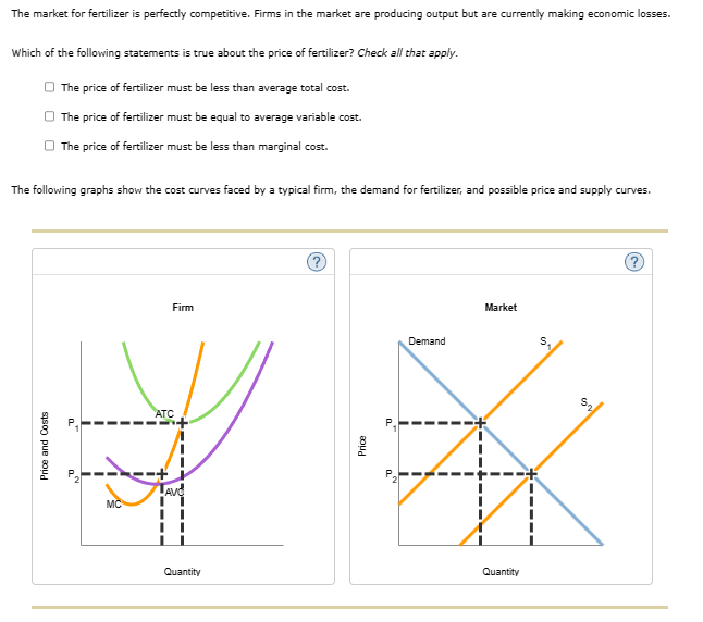 The market for fertilizer is perfectly competitive. Firms in the market are producing output but are currently making economic losses.
Which of the following statements is true about the price of fertilizer? Check all that apply.
The price of fertilizer must be less than average total cost.
The price of fertilizer must be equal to average variable cost.
The price of fertilizer must be less than marginal cost.
The following graphs show the cost curves faced by a typical firm, the demand for fertilizer, and possible price and supply curves.
Price and Costs
a.
a
MC
Firm
ATC
LAVO
II
Quantity
Ⓒ
Price
0
a
Demand
Market
Quantity
?