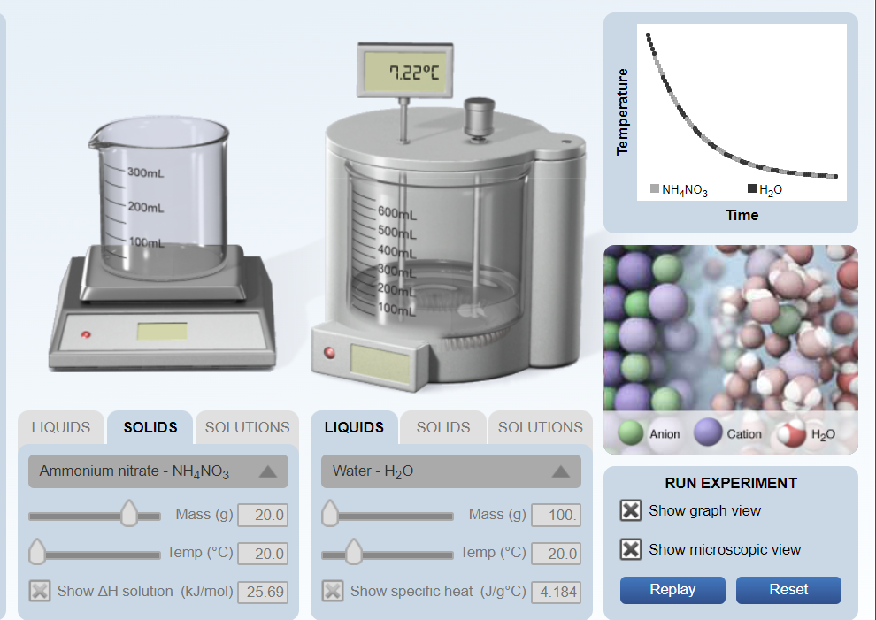 7.22°C
300mL
INHẠNO3
Time
600ML
500ML
400ML
300ML
200m
- 200mL
100mL
100m
LIQUIDS
SOLIDS
SOLUTIONS
Anion
Cation
H20
LIQUIDS
SOLIDS
SOLUTIONS
Water - H20
RUN EXPERIMENT
Ammonium nitrate - NH,NO3
X Show graph view
Mass (g)
100.
Mass (g) 20.0
X Show microscopic view
Temp (°C)
20.0
Temp (°C)
20.0
Reset
Replay
X Show specific heat (J/g°C) 4.184
Show AH solution (kJ/mol) 25.69
Temperature
