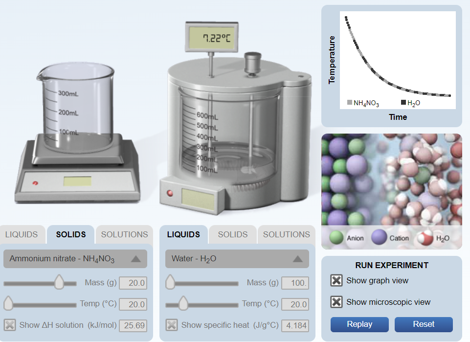 7.22°C
300mL
INH,NO3
IH20
Time
-600ML
500ML
400ML
300mL
200mL
100mL
200mL
100mL
SOLIDS
SOLUTIONS
Cation
H20
LIQUIDS
Anion
LIQUIDS
SOLIDS
SOLUTIONS
Water - H20
RUN EXPERIMENT
Ammonium nitrate - NH,NO3
X Show graph view
Mass (g)
100.
Mass (g)
20.0
X Show microscopic view
Temp (°C)
20.0
Temp (°C)
20.0
Reset
Replay
X Show specific heat (J/g°C) 4.184
X Show AH solution (kJ/mol) 25.69
Temperature
