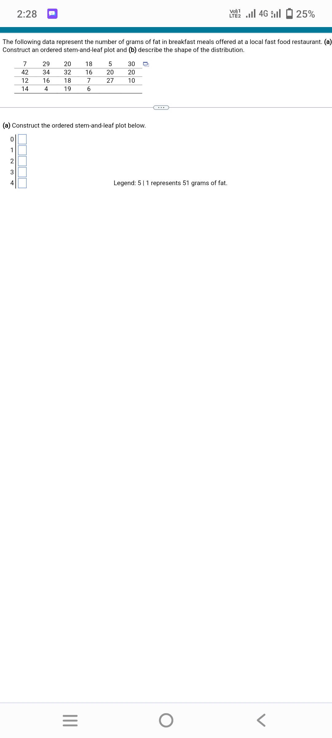The following data represent the number of grams of fat in breakfast meals offered at a local fast food restaurant. (a)
Construct an ordered stem-and-leaf plot and (b) describe the shape of the distribution.
ON 3
2:28
2
4
7
42
12
14
29 20
34
32
16
18
4
19
(a) Construct the ordered stem-and-leaf plot below.
0
|||
18
16
7
6
=
5
30 D
20
20
27 10
Legend: 5| 1 represents 51 grams of fat.
Vol) 1
LTE 4G 25%
O