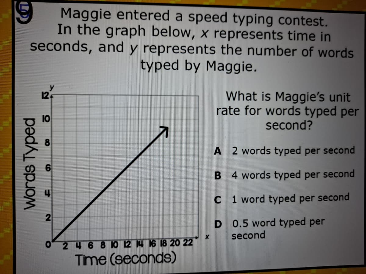 Maggie entered a speed typing contest.
In the graph below, x represents time in
seconds, and y represents the number of words
typed by Maggie.
What is Maggie's unit
rate for words typed per
12
10
second?
A 2 words typed per second
B 4 words typed per second
C 1 word typed per second
2
D 0.5 word typed per
second
0 246 8 10 12 4 16 18 20 22
Time (seconds)
Words Typed
6.
