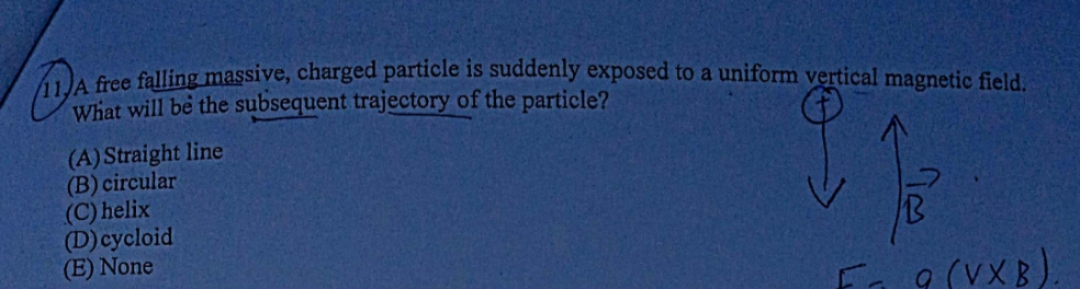 es falling massive, charged particle is suddenly exposed to a uniform vertical magnetic field.
What will be the subsequent trajectory of the particle?
(A) Straight line
(B) circular
(C) helix
(D)cycloid
(E) None
E1 9(VXB).
