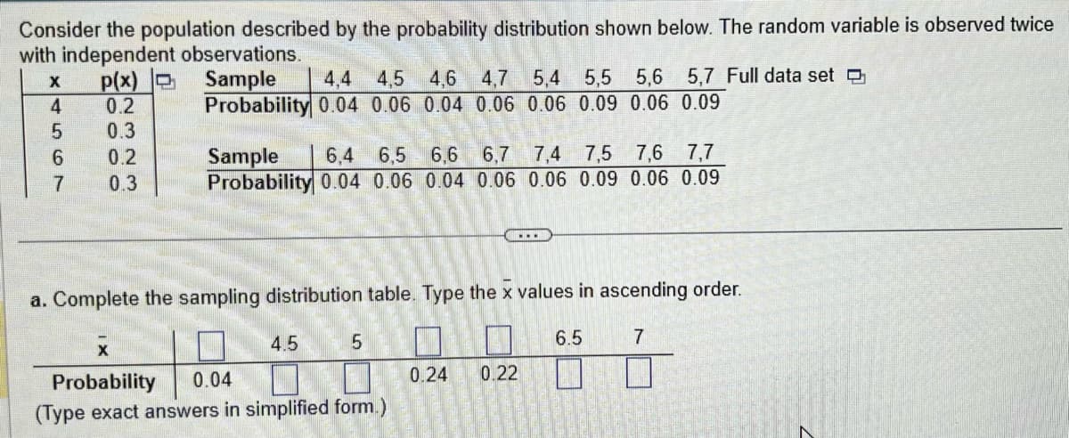 Consider the population described by the probability distribution shown below. The random variable is observed twice
with independent observations.
Sample 4,4 4,5 4,6 4,7 5,4 5,5 5,6 5,7 Full data set
Probability 0.04 0.06 0.04 0.06 0.06 0.09 0.06 0.09
X p(x)
0.2
0.3
0.2
0.3
4567T
Sample 6,4 6,5 6,6 6,7 7,4 7,5 7,6 7,7
Probability 0.04 0.06 0.04 0.06 0.06 0.09 0.06 0.09
a. Complete the sampling distribution table. Type the x values in ascending order.
4.5
5
X
Probability
0.04
(Type exact answers in simplified form.)
KETI
0.24
0.22
6.5
7