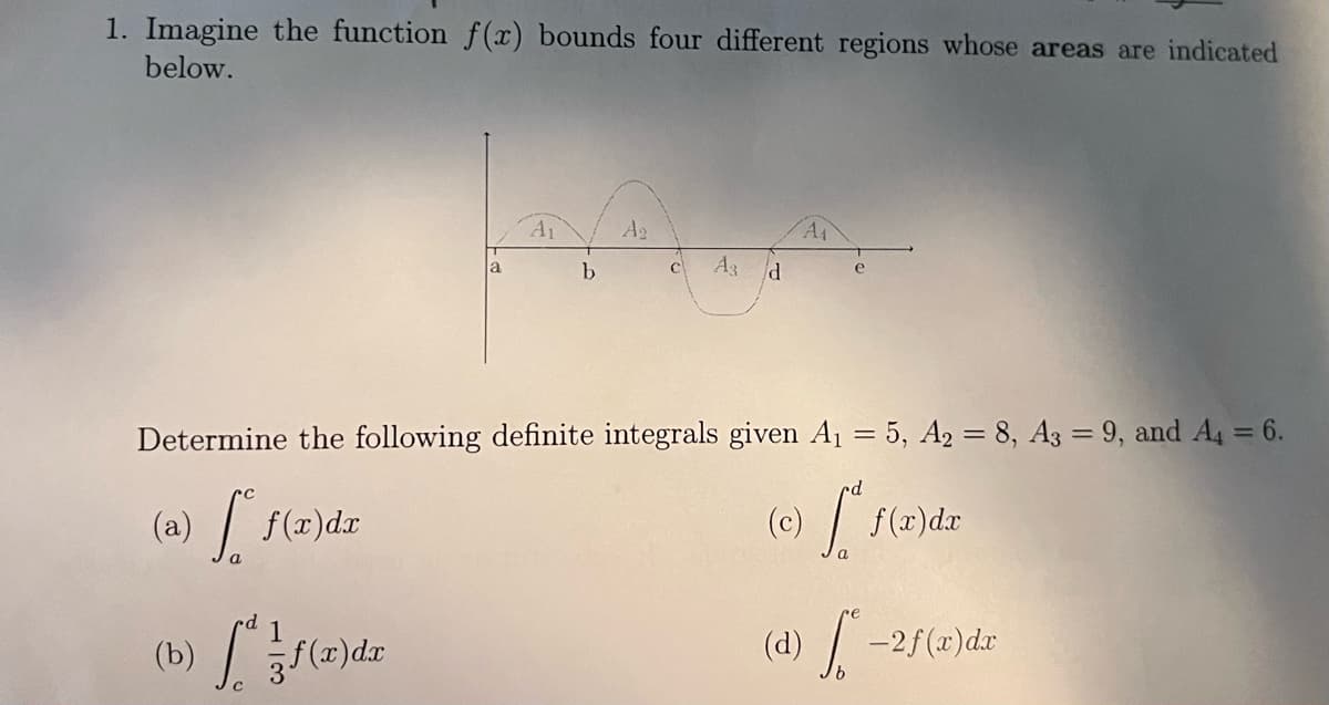 1. Imagine the function f(x) bounds four different regions whose areas are indicated
below.
a
f(x) dx
A₁
b
A₂
C A3 d
Determine the following definite integrals given A₁ = 5, A₂ = 8, A3 = 9, and A4 = 6.
(a)
f(x)da
[².
e
(c)
f(x) dx
(d) −2f(x)dr