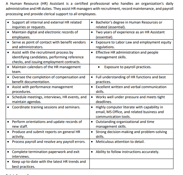 A Human Resource (HR) Assistant is a certified professional who handles an organization's daily
administrative and HR duties. They assist HR managers with recruitment, record maintenance, and payroll
processing and provide clerical support to all employees.
Support all internal and external HR related
inquiries or requests.
Maintain digital and electronic records of
employees.
• Serve as point of contact with benefit vendors
• Bachelor's degree in Human Resources or
related (essential).
Two years of experience as an HR Assistant
(essential).
• Exposure to Labor Law and employment equity
regulations.
• Effective HR administration and people
management skills.
and administrators.
• Assist with the recruitment process by
identifying candidates, performing reference
checks, and issuing employment contracts.
Maintain calendars of the HR management
Exposure to payroll practices.
team.
• Oversee the completion of compensation and
benefit documentation.
• Assist with performance management
procedures.
• Schedule meetings, interviews, HR events, and • works well under pressure and meets tight
maintain agendas.
• Coordinate training sessions and seminars.
• Full understanding of HR functions and best
practices.
• Excellent written and verbal communication
skills.
deadlines.
Highly computer literate with capability in
email, MS Office, and related business and
communication tools.
• Outstanding organizational and time
management skills.
• Strong decision-making and problem-solving
skills.
Perform orientations and update records of
new staff.
• Produce and submit reports on general HR
activity.
• Process payroll and resolve any payroll errors.
• Meticulous attention to detail.
• Complete termination paperwork and exit
interviews.
• Keep up-to-date with the latest HR trends and
best practices.
• Ability to follow instructions accurately.
