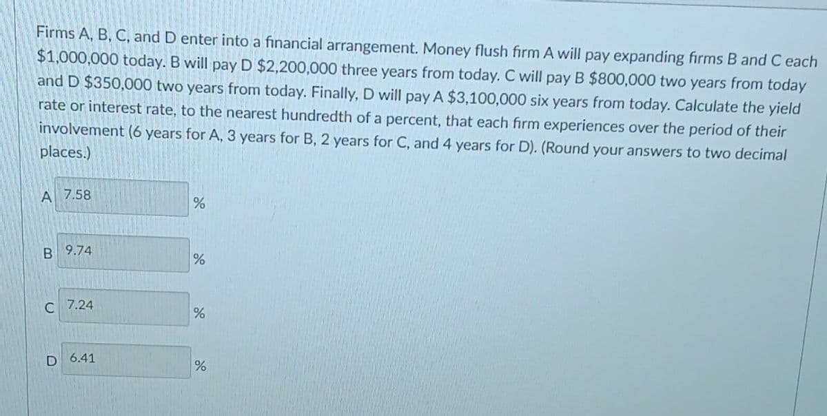 Firms A, B, C, and D enter into a financial arrangement. Money flush firm A will pay expanding firms B and C each
$1,000,000 today. B will pay D $2,200,000 three years from today. C will pay B $800,000 two years from today
and D $350,000 two years from today. Finally, D will pay A $3,100,000 six years from today. Calculate the yield
rate or interest rate, to the nearest hundredth of a percent, that each firm experiences over the period of their
involvement (6 years for A, 3 years for B, 2 years for C, and 4 years for D). (Round your answers to two decimal
places.)
A 7.58
B 9.74
C 7.24
D 6.41
%
%
%
%