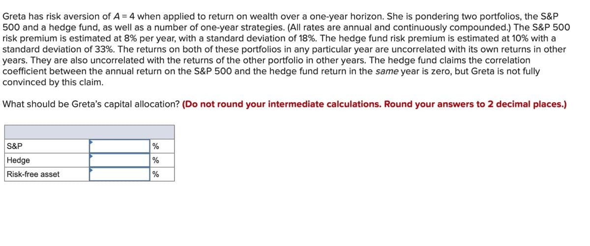 Greta has risk aversion of A = 4 when applied to return on wealth over a one-year horizon. She is pondering two portfolios, the S&P
500 and a hedge fund, as well as a number of one-year strategies. (All rates are annual and continuously compounded.) The S&P 500
risk premium is estimated at 8% per year, with a standard deviation of 18%. The hedge fund risk premium is estimated at 10% with a
standard deviation of 33%. The returns on both of these portfolios in any particular year are uncorrelated with its own returns in other
years. They are also uncorrelated with the returns of the other portfolio in other years. The hedge fund claims the correlation
coefficient between the annual return on the S&P 500 and the hedge fund return in the same year is zero, but Greta is not fully
convinced by this claim.
What should be Greta's capital allocation? (Do not round your intermediate calculations. Round your answers to 2 decimal places.)
S&P
Hedge
Risk-free asset
%
%
%