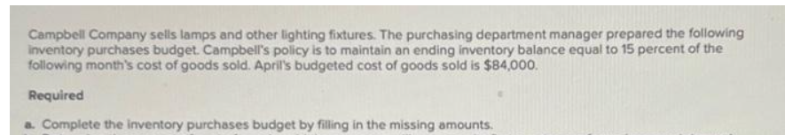 Campbell Company sells lamps and other lighting fixtures. The purchasing department manager prepared the following
inventory purchases budget. Campbell's policy is to maintain an ending inventory balance equal to 15 percent of the
following month's cost of goods sold. April's budgeted cost of goods sold is $84,000.
Required
a. Complete the inventory purchases budget by filling in the missing amounts.