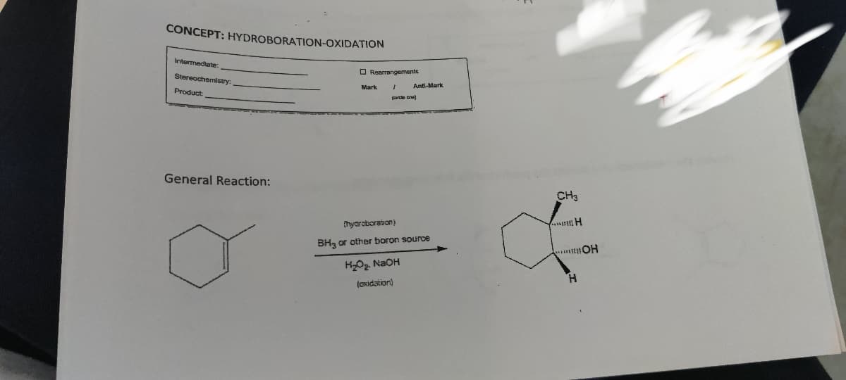 CONCEPT: HYDROBORATION-OXIDATION
Intermediate:
Stereochemistry:
Product
General Reaction:
Rearrangements
Mark
J
Anti-Mark
(ordeon)
(hydroboration)
BH3 or other boron source
H2O2. NaOH
(oxidation)
CH3
Ywum H
MOH
H