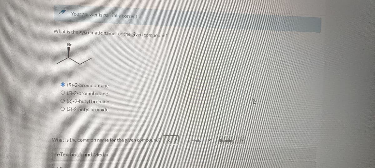 Your answer is partially correct.
What is the systematic name for the given compound?
Br
O(R)-2-bromobutane
O(S)-2-bromobutane
O(R)-2-butyl bromide
O(S)-2-butyl bromide
What is the common name for the given compound
eTextbook and Media