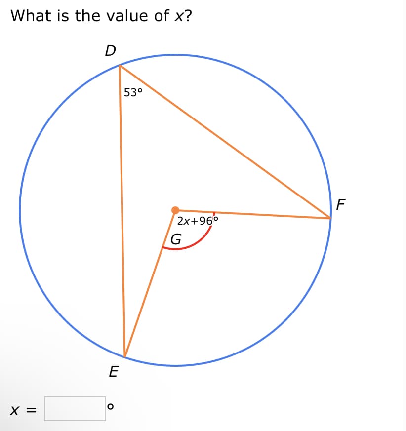 What is the value of x?
X =
D
шо
53°
2x+96°
G
F