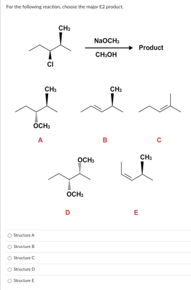 For the following reaction, choose the major E2 product.
O Structure A
O Structure B
OCH3
A
O Structure C
O Structure D
CI
O Structure E
CH3
CH3
OCH3
D
NaOCH3
CH3OH
OCH3
B
CH3
E
Product
CH3