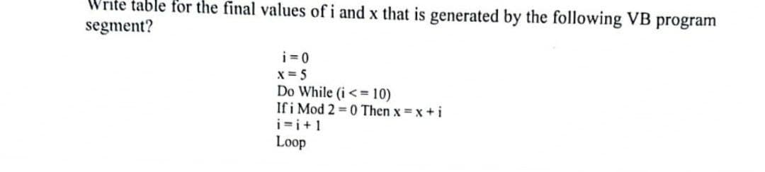 Write table for the final values of i and x that is generated by the following VB program
segment?
i =0
X = 5
Do While (i<= 10)
Ifi Mod 2 = 0 Then x = x + i
i=i+1
Loop
