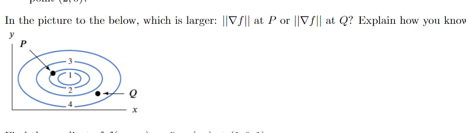 In the picture to the below, which is larger: ||Vf|| at P or ||Vf|| at Q? Explain how you know
y
P
