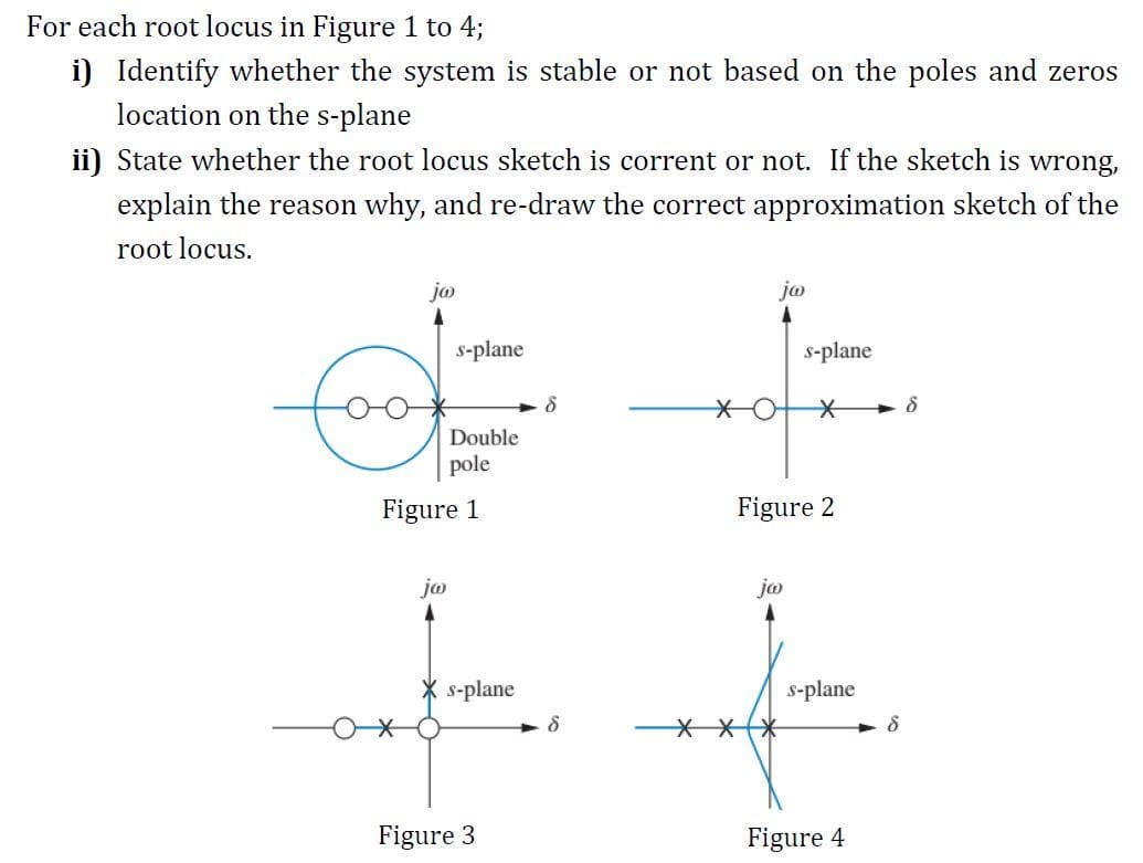 For each root locus in Figure 1 to 4;
i) Identify whether the system is stable or not based on the poles and zeros
location on the s-plane
ii) State whether the root locus sketch is corrent or not. If the sketch is wrong,
explain the reason why, and re-draw the correct approximation sketch of the
root locus.
jo
jo
s-plane
s-plane
Double
pole
Figure 1
Figure 2
jo
ja
X s-plane
s-plane
* 米
Figure 3
Figure 4
