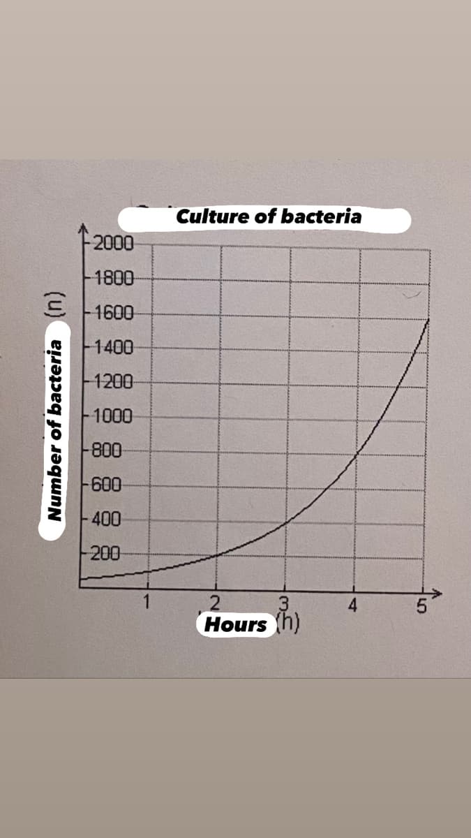 Number of bacteria (n)
2000
1800
1600
1400
1200-
-1000
-800
-600-
-400
200
Culture of bacteria
2
Hours (h)
4
√50