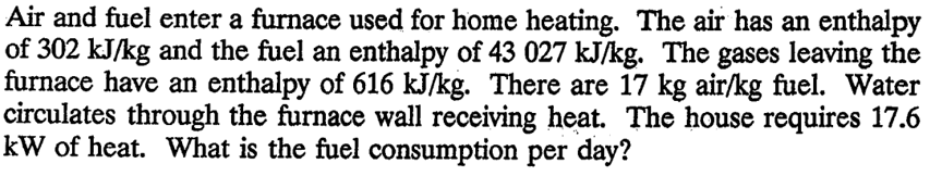 Air and fuel enter a furnace used for home heating. The air has an enthalpy
of 302 kJ/kg and the fuel an enthalpy of 43 027 kJ/kg. The gases leaving the
furnace have an enthalpy of 616 kJ/kg. There are 17 kg air/kg fuel. Water
circulates through the furnace wall receiving heat. The house requires 17.6
kW of heat. What is the fuel consumption per day?
