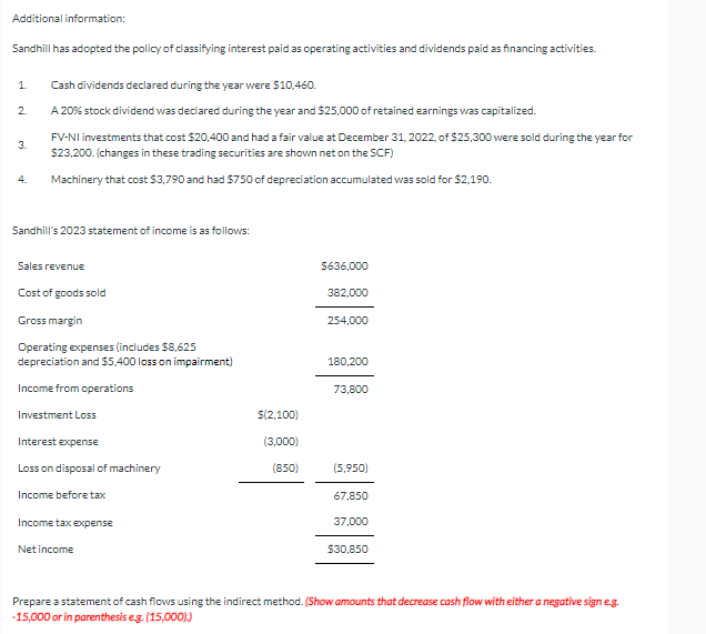 Additional information:
Sandhill has adopted the policy of classifying interest paid as operating activities and dividends paid as financing activities.
1.
2.
3.
4.
Cash dividends declared during the year were $10,460.
A 20% stock dividend was declared during the year and $25,000 of retained earnings was capitalized.
FV-NI investments that cost $20,400 and had a fair value at December 31, 2022, of $25,300 were sold during the year for
$23,200. (changes in these trading securities are shown net on the SCF)
Machinery that cost $3,790 and had $750 of depreciation accumulated was sold for $2,190.
Sandhill's 2023 statement of income is as follows:
Sales revenue
Cost of goods sold
Gross margin
Operating expenses (includes $8,625
depreciation and $5,400 loss on impairment)
Income from operations
Investment Loss
Interest expense
Loss on disposal of machinery
Income before tax
Income tax expense
Net income
$(2,100)
(3,000)
(850)
$636,000
382,000
254,000
180,200
73,800
(5,950)
67,850
37,000
$30,850
Prepare a statement of cash flows using the indirect method. (Show amounts that decrease cash flow with either a negative sign e.g.
-15,000 or in parenthesis e.g. (15,000).)