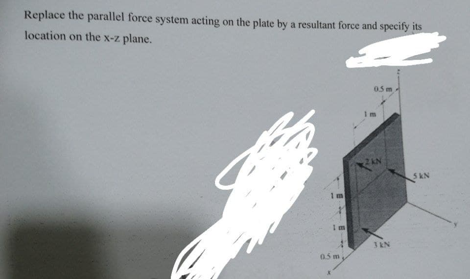 Replace the parallel force system acting on the plate by a resultant force and specify its
location on the x-z plane.
0.5 m
1 m
2KN
5 kN
1 m
3 kN
0.5 m
日
