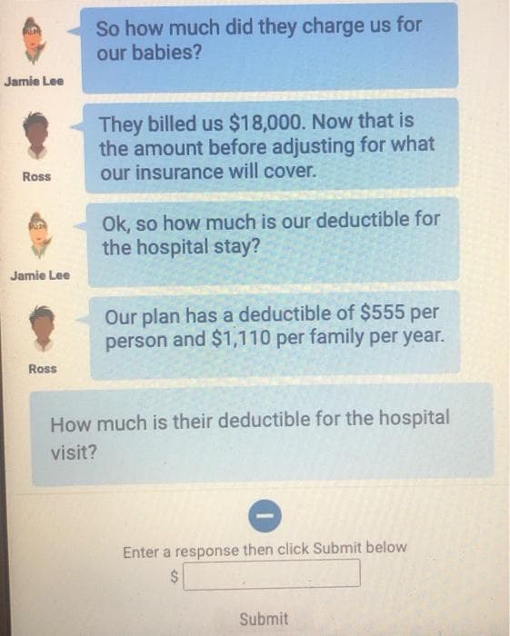 Jamie Lee
Ross
Jamie Lee
Ross
So how much did they charge us for
our babies?
They billed us $18,000. Now that is
the amount before adjusting for what
our insurance will cover.
Ok, so how much is our deductible for
the hospital stay?
Our plan has a deductible of $555 per
person and $1,110 per family per year.
How much is their deductible for the hospital
visit?
Enter a response then click Submit below
Submit