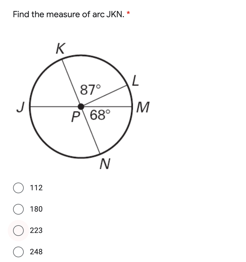 Find the measure of arc JKN. *
K
87°
M
P\ 68°
N
O 112
O 180
O 223
O 248
