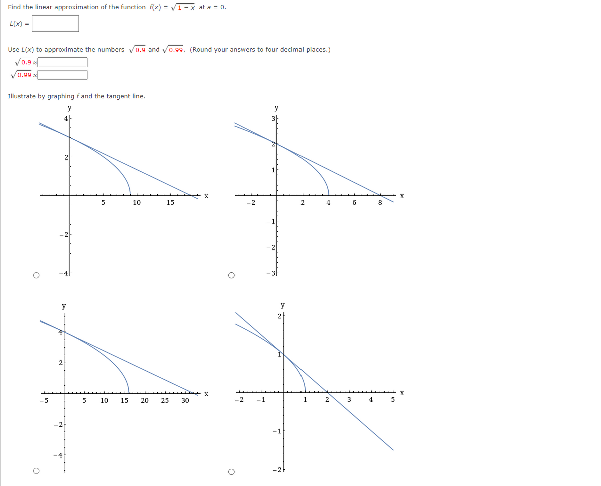 Find the linear approximation of the function f(x) = V1- x at a = 0.
L(x) =
Use L(x) to approximate the numbers
0.9 and vo.99. (Round your answers to four decimal places.)
V0.9 2
V0.99 x
Illustrate by graphing fand the tangent line.
y
y
4|
2
10
15
-2
2
4
6
8
y
2
-5
10
15
20
25
30
-2
-1
2
3
4
5
