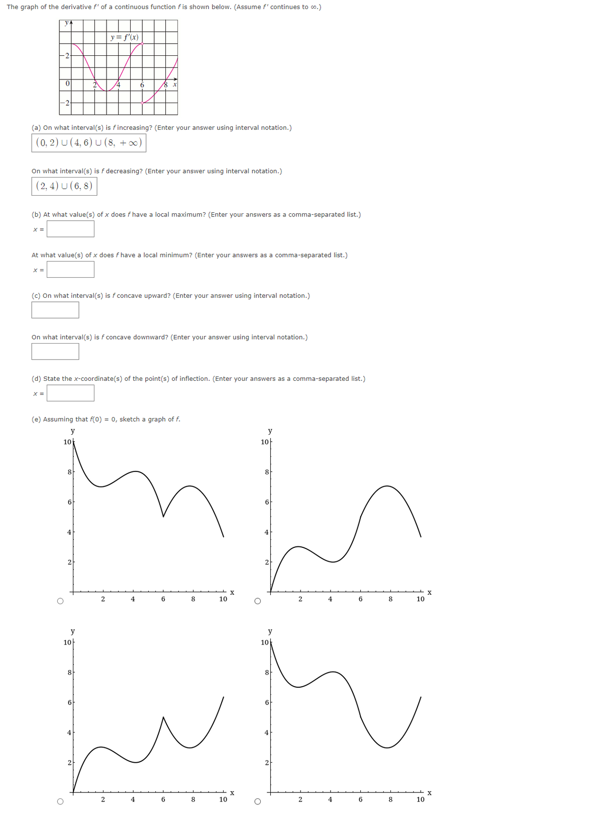 The graph of the derivative f' of a continuous function f is shown below. (Assume f' continues to o.)
y= f'(x)
(a) On what interval(s) is fincreasing? (Enter your answer using interval notation.)
(0, 2) U (4, 6) U (8, + x)
On what interval(s) is f decreasing? (Enter your answer using interval notation.)
(2, 4) U (6, 8)
(b) At what value(s) of x does f have a local maximum? (Enter your answers as a comma-separated list.)
X =
At what value(s) of x does f have a local minimum? (Enter your answers as a comma-separated list.)
X =
(c) On what interval(s) is f concave upward? (Enter your answer using interval notation.)
On what interval(s) is f concave downward? (Enter your answer using interval notation.)
(d) State the x-coordinate(s) of the point(s) of inflection. (Enter your answers as a comma-separated list.)
X =
(e) Assuming that f(0) = 0, sketch a graph of f.
y
10
10-
8
8
6
6
4
4
2
X.
10
2
4
8
10
4
8
y
y
10-
10
8
6
4
4
2
2
4
6
8
10
2
4
6
8
10
