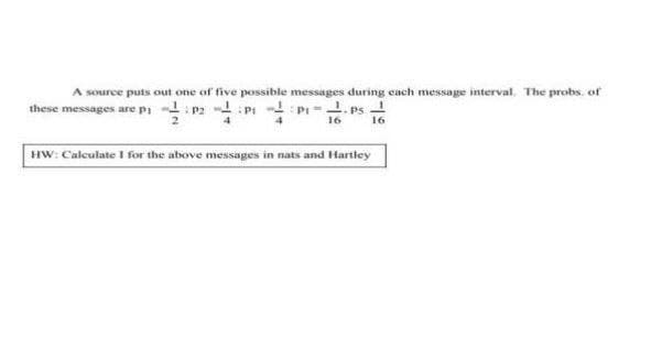 A source puts out one of five possible messages during each message interval. The probs. of
these messages are pi
PPP-PS
16
16
HW: Calculate I for the above messages in nats and Hartley