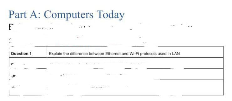 Part A: Computers Today
E
Question 1
Explain the difference between Ethernet and Wi-Fi protocols used in LAN