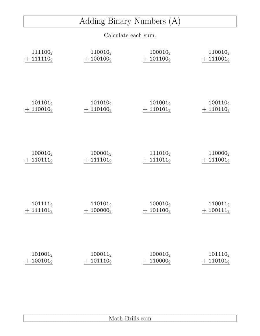 Adding Binary Numbers (A)
Calculate each sum.
1111002
+ 1111102
1100102
+ 1001002
1000102
+ 1011002
1100102
+ 1110012
1011012
+ 1100102
1010102
+ 1101002
1010012
+ 1101012
1001102
+ 1101102
1000102
+ 1101112
1000012
+ 1111012
1100002
+ 1110012
1110102
+ 1110112
1011112
1101012
1000102
1100112
+ 1111012
+ 1000002
+ 1011002
+ 1001112
1010012
+ 1001012
1000112
+ 1011102
1000102
+ 1100002
1011102
+ 1101012
Math-Drills.com
