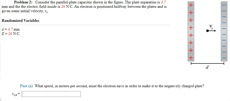 Problem 2: Consider the parallel-plate capacitor shown in the figure. The plate separation is 4.7
mm and the the electric field inside is 26 N/C. An electron is positioned halfway between the plates and is
given some initial velocity, v₁.
Randomized Variables
d=4.7 mm
E = 26 N/C
Vi,a
+ + + + + + + +
Part (a) What speed, in meters per second, must the electron have in order to make it to the negatively charged plate?
d