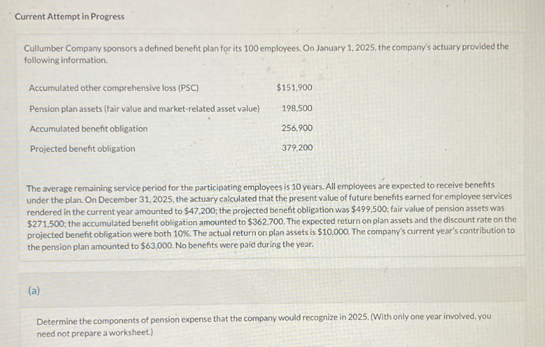 Current Attempt in Progress
Cullumber Company sponsors a defined benefit plan for its 100 employees. On January 1, 2025, the company's actuary provided the
following information.
Accumulated other comprehensive loss (PSC)
$151,900
Pension plan assets (fair value and market-related asset value)
198,500
Accumulated benefit obligation
256,900
Projected benefit obligation
379,200
The average remaining service period for the participating employees is 10 years. All employees are expected to receive benefits
under the plan. On December 31, 2025, the actuary calculated that the present value of future benefits earned for employee services
rendered in the current year amounted to $47,200; the projected benefit obligation was $499,500; fair value of pension assets was
$271,500; the accumulated benefit obligation amounted to $362,700. The expected return on plan assets and the discount rate on the
projected benefit obligation were both 10%. The actual return on plan assets is $10,000. The company's current year's contribution to
the pension plan amounted to $63,000. No benefits were paid during the year.
(a)
Determine the components of pension expense that the company would recognize in 2025. (With only one year involved, you
need not prepare a worksheet.)