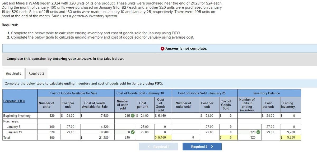 Salt and Mineral (SAM) began 2024 with 320 units of its one product. These units were purchased near the end of 2023 for $24 each.
During the month of January, 160 units were purchased on January 8 for $27 each and another 320 units were purchased on January
19 for $29 each. Sales of 215 units and 180 units were made on January 10 and January 25, respectively. There were 405 units on
hand at the end of the month. SAM uses a perpetual inventory system.
Required:
1. Complete the below table to calculate ending inventory and cost of goods sold for January using FIFO.
2. Complete the below table to calculate ending inventory and cost of goods sold for January using average cost.
Complete this question by entering your answers in the tabs below.
Required 1
Required 2
Complete the below table to calculate ending inventory and cost of goods sold for January using FIFO.
Answer is not complete.
Cost of Goods Available for Sale
Cost of Goods Sold - January 10
Cost of Goods Sold - January 25
Inventory Balance
Perpetual FIFO
Cost
Number of
Number
Number of
units
Cost per
unit
Cost of Goods
Available for Sale
of units
sold
Cost
per unit
of
Goods
Sold
Number of
units sold
Cost per
unit
Cost of
Goods
units in
Sold
ending
Cost
per unit
Ending
Inventory
inventory
Beginning Inventory
320 $ 24.00
$
7,680
215
$ 24.00
$ 5,160
$ 24.00
$
0
$ 24.00
$
0
Purchases:
January 8
160
27.00
4,320
January 19
320
29.00
9,280
0
27.00
29.00
0
27.00
0
27.00
0
0
29.00
0
320
29.00
9,280
Total
800
21,280
215
$ 5,160
0
0
320
$
9,280
< Required 1
Required 2 >