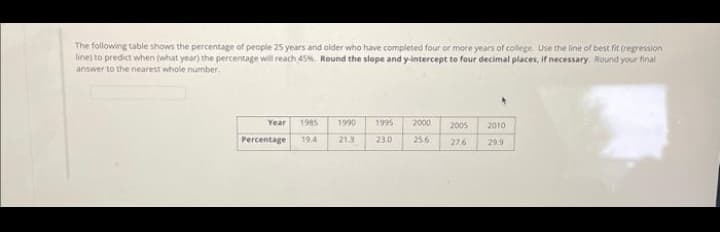 The following table shows the percentage of people 25 years and older who have completed four or more years of college. Use the line of best fit (regression
line) to predict when (what year) the percentage will reach 45%. Round the slope and y-intercept to four decimal places, if necessary. Round your final
answer to the nearest whole number.
Year 1985 1990 1995 2000 2005 2010
Percentage 19.4 21.3 23.0 25.6 27.6 29,9
