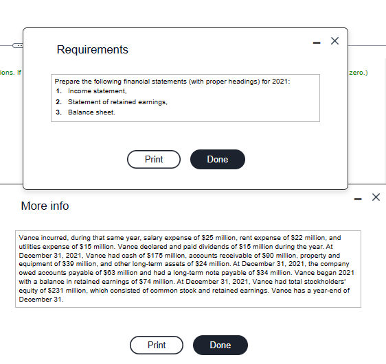 ons. If
Requirements
Prepare the following financial statements (with proper headings) for 2021:
1. Income statement,
2. Statement of retained earnings,
3. Balance sheet.
More info
Print
Done
Print
X
Vance incurred, during that same year, salary expense of $25 million, rent expense of $22 million, and
utilities expense of $15 million. Vance declared and paid dividends of $15 million during the year. At
December 31, 2021, Vance had cash of $175 million, accounts receivable of $90 million, property and
equipment of $39 million, and other long-term assets of $24 million. At December 31, 2021, the company
owed accounts payable of $63 million and had a long-term note payable of $34 million. Vance began 2021
with a balance in retained earnings of $74 million. At December 31, 2021, Vance had total stockholders'
equity of $231 million, which consisted of common stock and retained earnings. Vance has a year-end of
December 31.
Done
zero.)
X