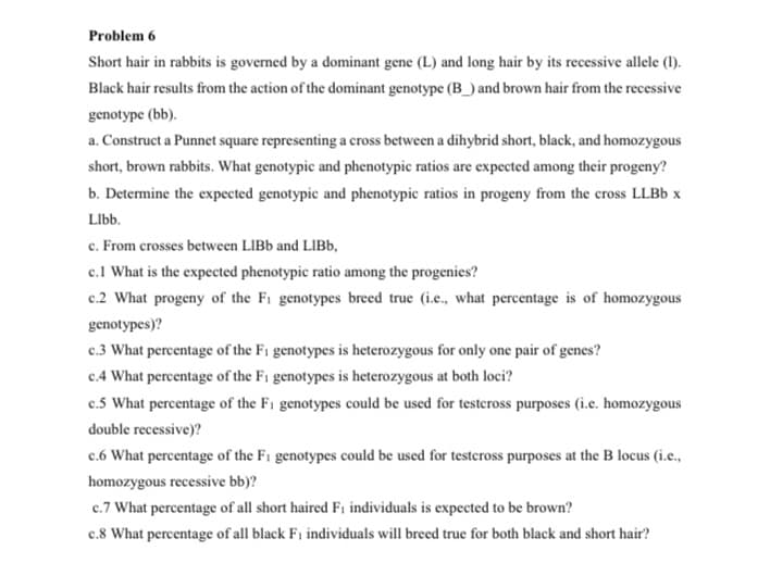 Problem 6
Short hair in rabbits is governed by a dominant gene (L) and long hair by its recessive allele (1).
Black hair results from the action of the dominant genotype (B_) and brown hair from the recessive
genotype (bb).
a. Construct a Punnet square representing a cross between a dihybrid short, black, and homozygous
short, brown rabbits. What genotypic and phenotypic ratios are expected among their progeny?
b. Determine the expected genotypic and phenotypic ratios in progeny from the cross LLBB x
Llbb.
c. From crosses between LIBB and LIBB,
c.1 What is the expected phenotypic ratio among the progenies?
c.2 What progeny of the Fi genotypes breed true (i.e., what percentage is of homozygous
genotypes)?
c.3 What percentage of the Fi genotypes is heterozygous for only one pair of genes?
c.4 What percentage of the Fi genotypes is heterozygous at both loci?
c.5 What percentage of the F1 genotypes could be used for testcross purposes (i.e. homozygous
double recessive)?
c.6 What percentage of the F1 genotypes could be used for testeross purposes at the B locus (i.e.,
homozygous recessive bb)?
c.7 What percentage of all short haired Fi individuals is expected to be brown?
c.8 What percentage of all black F1 individuals will breed true for both black and short hair?
