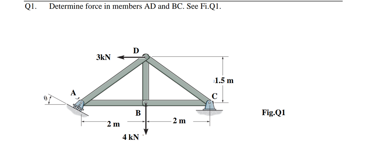 Q1.
Determine force in members AD and BC. See Fi.Q1.
D
3kN
1.5 m
В
Fig.Q1
2 m
2 m
4 kN
