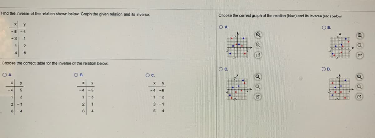 Find the inverse of the relation shown below. Graph the given relation and its inverse.
Choose the correct graph of the relation (blue) and its inverse (red) below.
OA.
OB.
-5
-4
-3
1
6
Choose the correct table for the inverse of the relation below.
Oc.
OD.
OA.
OB.
OC.
-4
5
-4
-5
-6
1
1
-3
-1
-2
2 -1
3.
-4
