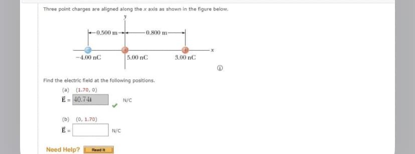 Three point charges are aligned along the x axis as shown in the figure below.
-4.00 nC
-0.500 m-
(a)
É = 40.74i
Find the electric field at the following positions.
(1.70, 0)
(b) (0, 1.70)
É =
Need Help?
Read It
N/C
-0.800 m-
5.00 nC
N/C
3.00 nC