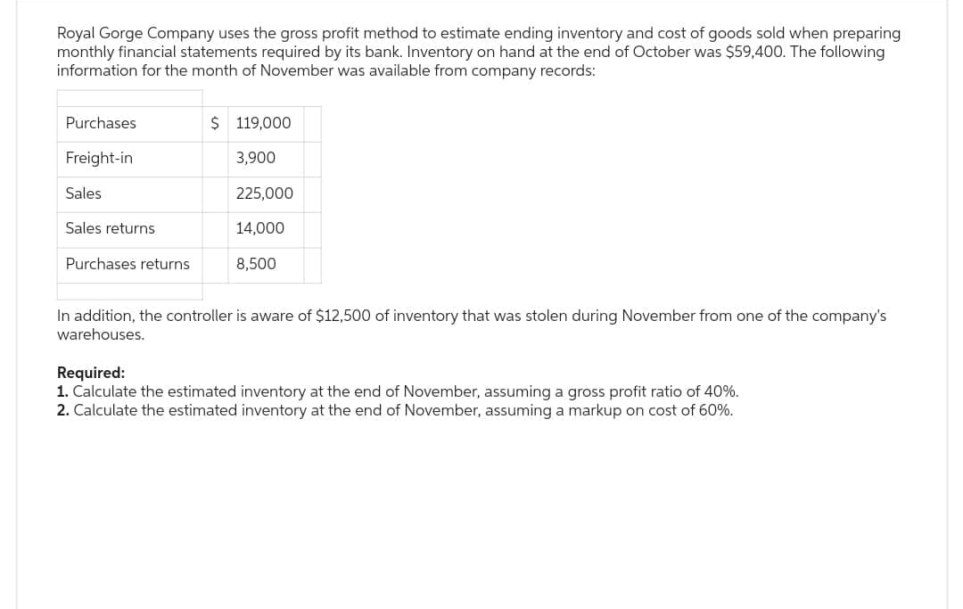 Royal Gorge Company uses the gross profit method to estimate ending inventory and cost of goods sold when preparing
monthly financial statements required by its bank. Inventory on hand at the end of October was $59,400. The following
information for the month of November was available from company records:
Purchases
Freight-in
Sales
Sales returns
Purchases returns
$ 119,000
3,900
225,000
14,000
8,500
In addition, the controller is aware of $12,500 of inventory that was stolen during November from one of the company's
warehouses.
Required:
1. Calculate the estimated inventory at the end of November, assuming a gross profit ratio of 40%.
2. Calculate the estimated inventory at the end of November, assuming a markup on cost of 60%.