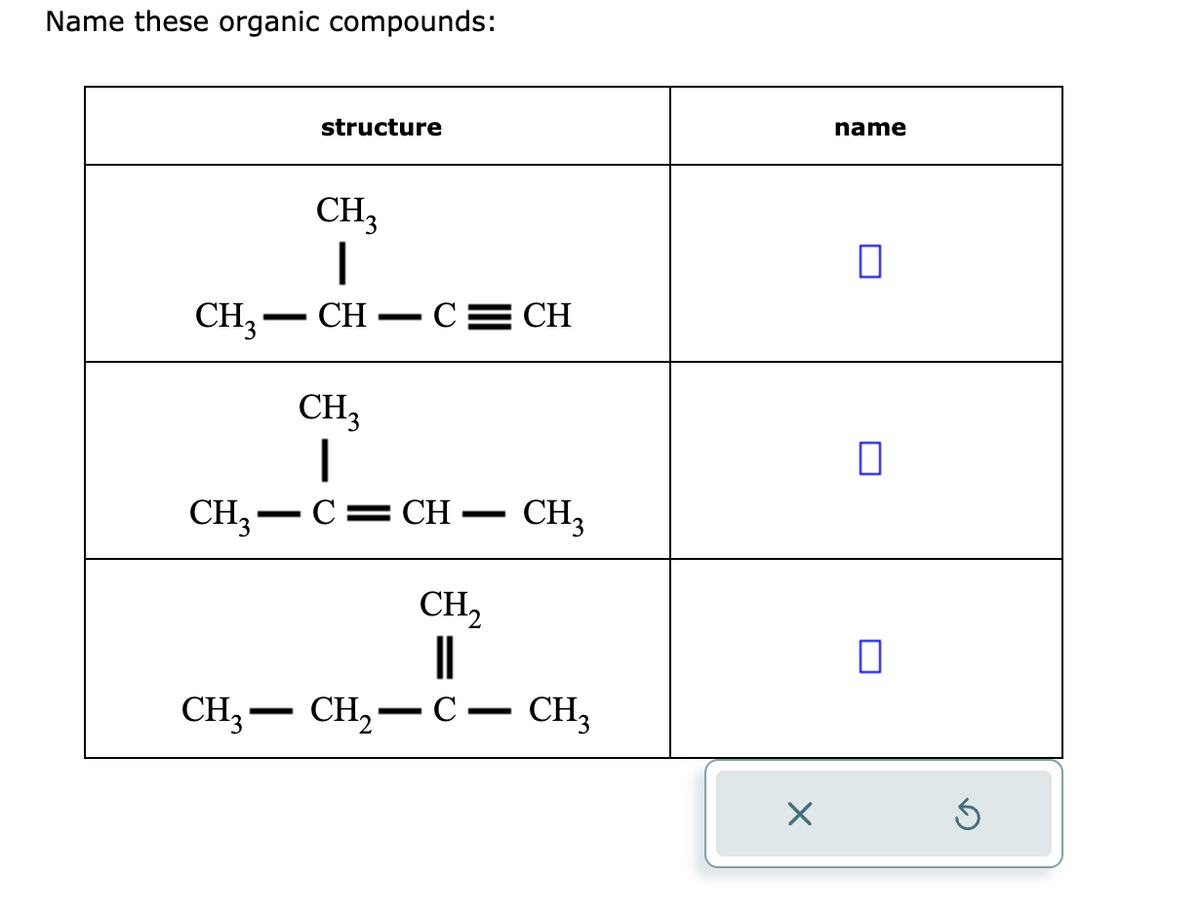 Name these organic compounds:
-
structure
CH3 CHCE CH
CH₂
1
CH3
|
CH3-C = CH
-
CH3 CH₂
-
-
CH₂
||
CH3
C- CH₂
X
name
0
0
0
Ś