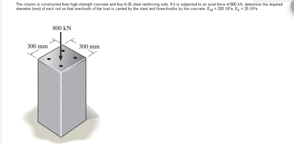 The column is constructed from high-strength concrete and four A-36 steel reinforcing rods. If it is subjected to an axial force of 800 kN, determine the required
diameter (mm) of each rod so that one-fourth of the load is carried by the steel and three-fourths by the concrete. Est = 200 GPa, Ec = 25 GPa.
300 mm
800 KN
300 mm