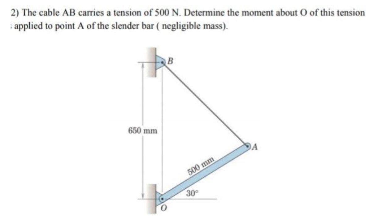 2) The cable AB carries a tension of 500 N. Determine the moment about O of this tension
i applied to point A of the slender bar ( negligible mass).
650 mm
DA
500 mm
30
