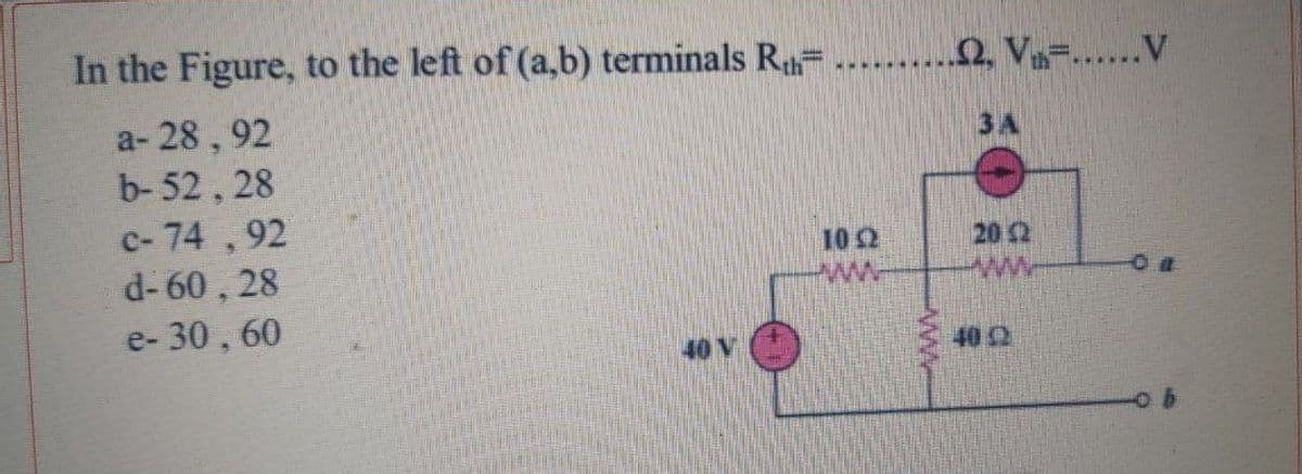 In the Figure, to the left of (a,b) terminals R= ..
.....2, V=......V
a- 28 , 92
b-52, 28
c- 74 ,92
d- 60, 28
e-30 , 60
3A
20 2
ww
10 2
40 V 6
40 2
ww
