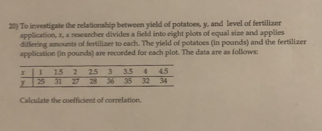 20) To investigate the relationship between yield of potatoes, y, and level of fertilizer
application, x, a researcher divides a field into eight plots of equal size and applies
differing amounts of fertilizer to each. The yield of potatoes (in pounds) and the fertilizer
application (in pounds) are recorded for each plot. The data are as follows:
4.
4.5
3
3.5
2.5
1.5
34
36
35
32
31
27
28
25
Calculate the coefficient of correlation.
